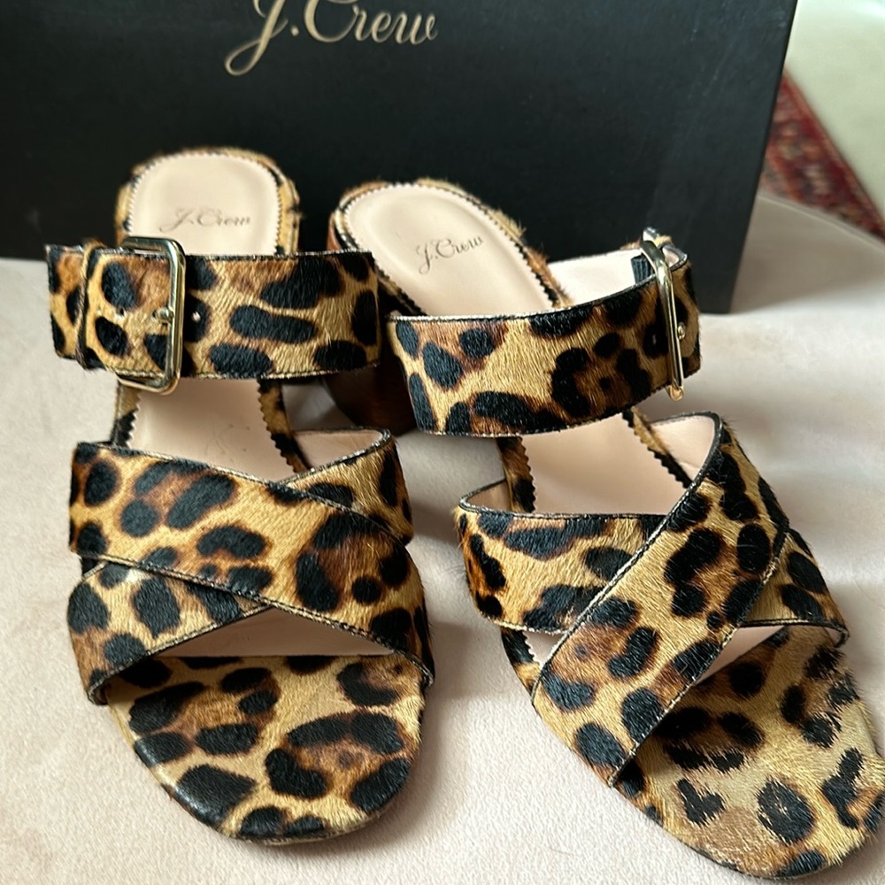 J.Crew Penny chunky sandal slide in haircalf Leopard 9.5